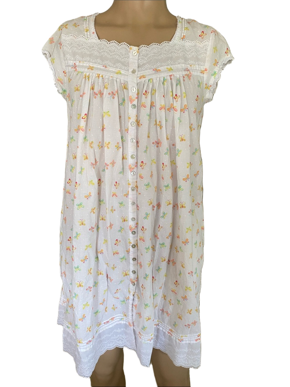 Eileen West White butterfly motif Button-Front Cotton Nightgown